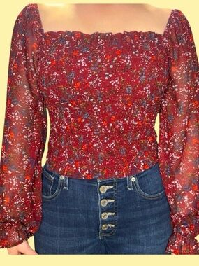 Japna Red Floral Smocked Square-Neck Blouse